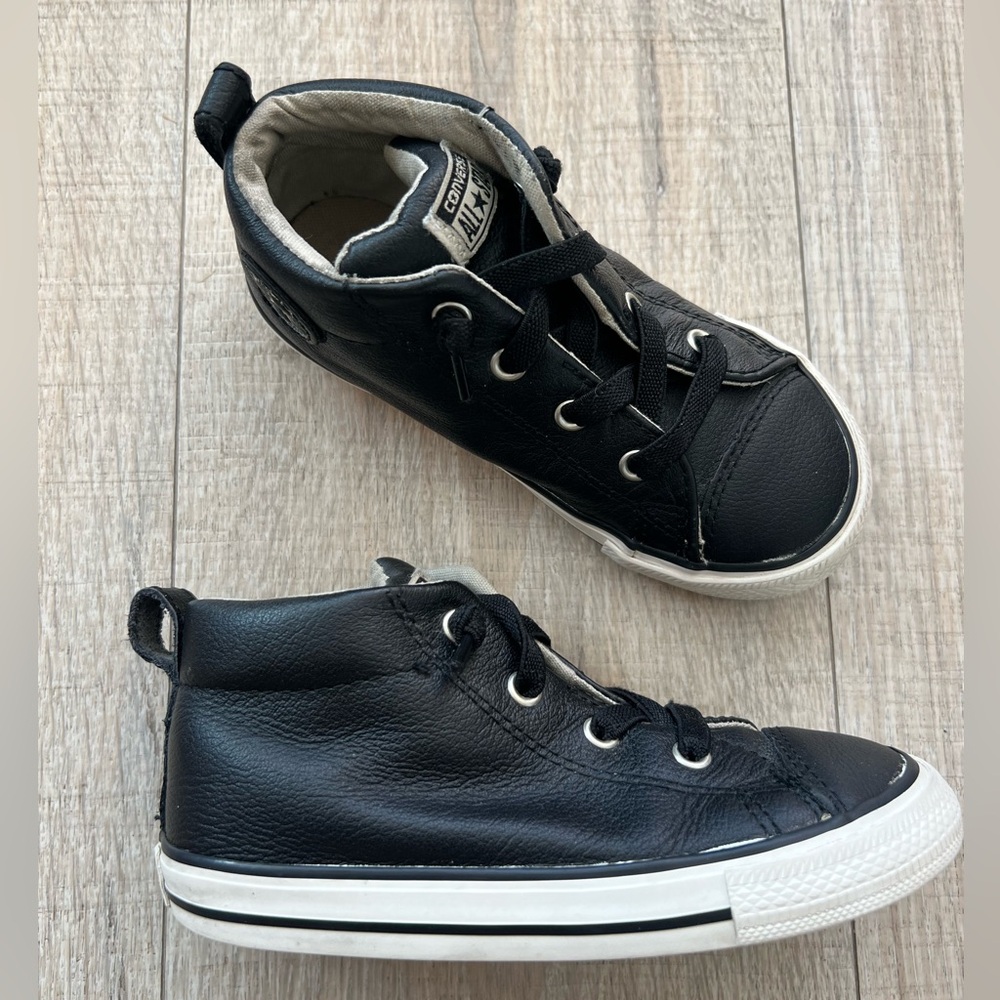 Toddler Boy’s Converse Black Leather Slip-On High Top Sneakers Size 10